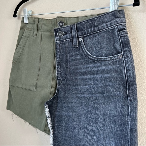 NWT Hudson color block asymmetrical frayed mini skirt khaki and black denim - Picture 4 of 16